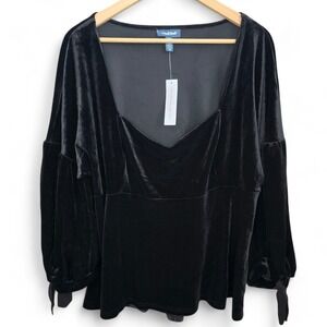 Modcloth Top Womens Plus 2X Black Velvet Sweetheart Neck Long Sleeve Blouse